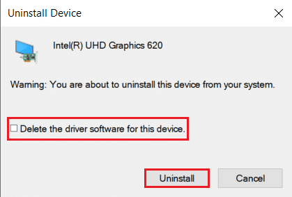 solicitud de confirmación del controlador del dispositivo de desinstalación del controlador de gráficos Intel UHD