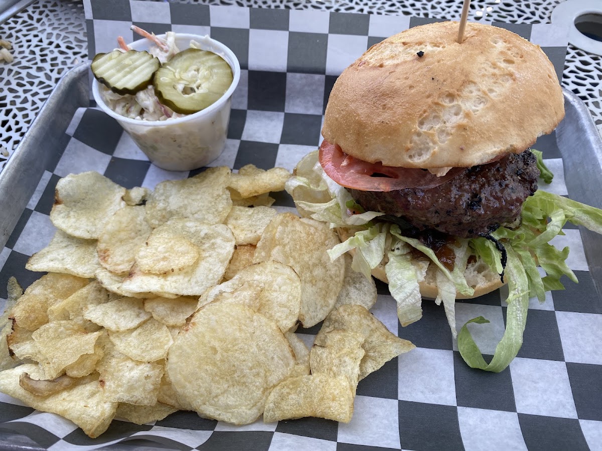 Front porch burger with pimento cheese, bacon jam.