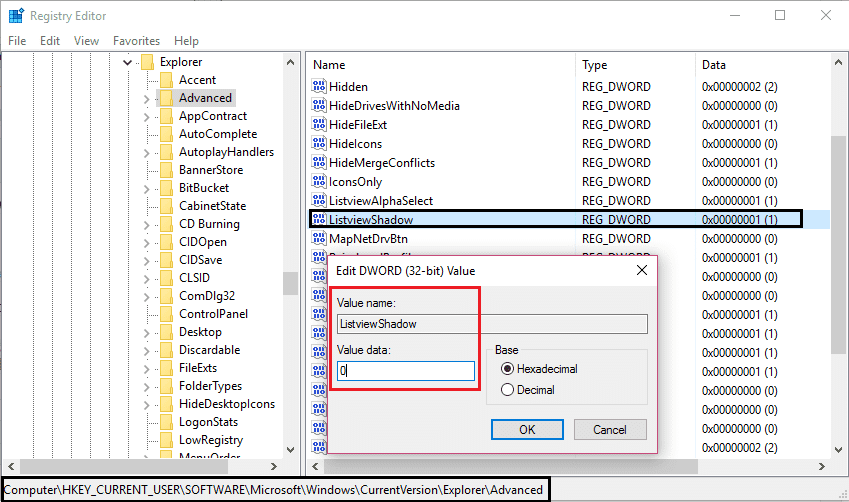 changer la valeur de Listviewshadow à 0