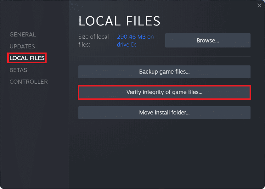 ไปที่ LOCAL FILES และเลือก Verify Integrity of game files... ในคุณสมบัติของเกม Steam Windows 11