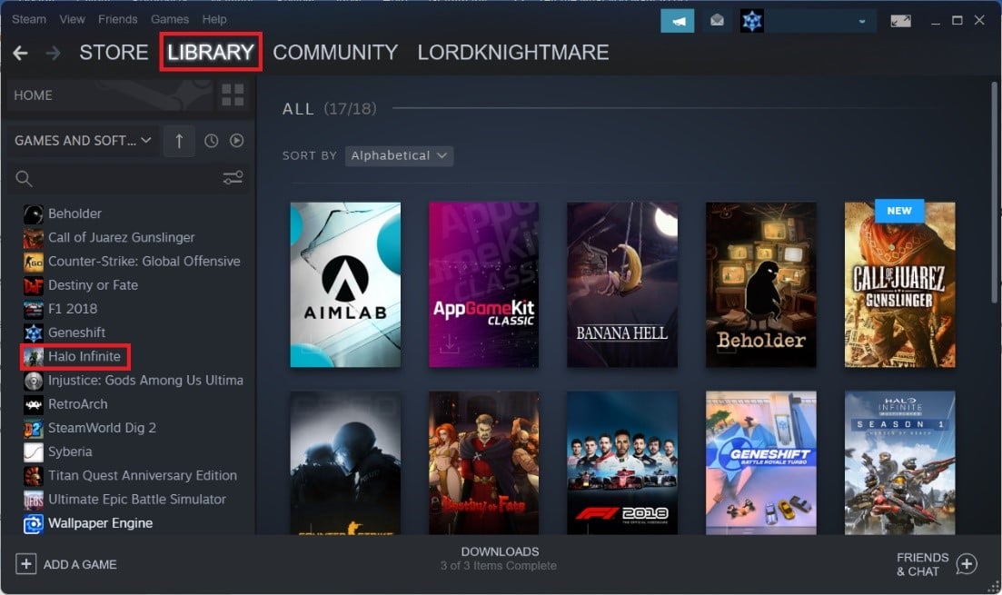 ไปที่เมนู Steam LIBRARY แล้วเลือกเกม Halo Infinite Windows 11