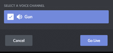 Selecteer ten slotte een spraakkanaal en klik op Go Live.  Fix Discord Go Live verschijnt niet