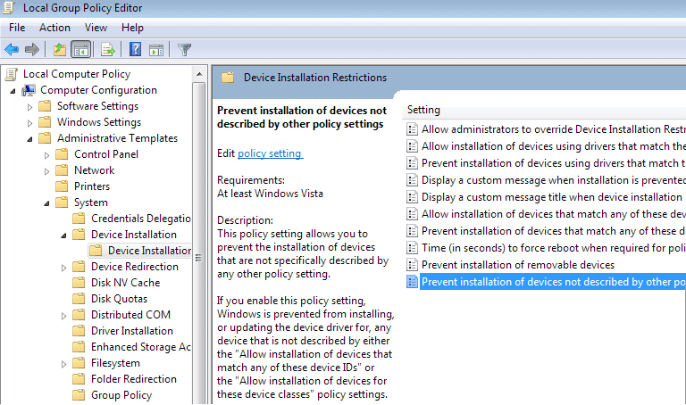 Vai a Restrizioni per l'installazione del dispositivo in gpedit.msc