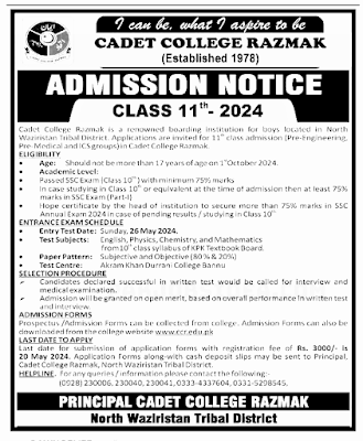 Cadet College Razmak Admission 2024 - For 11th Class