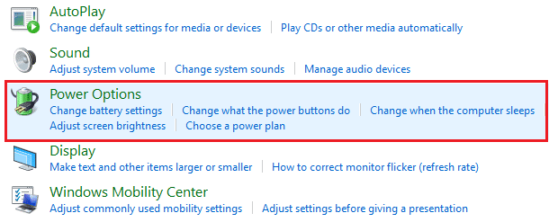 コントロールパネルの電源オプション