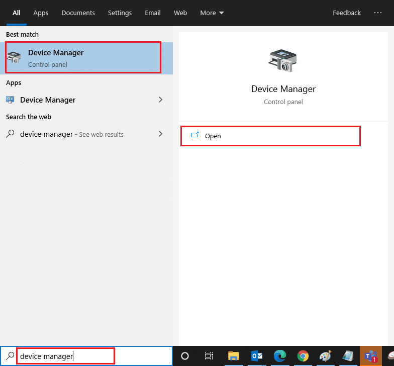 Inicie el Administrador de dispositivos escribiéndolo en el menú de búsqueda de Windows 10 y haciendo clic en Abrir.  Arreglar la opción WiFi que no se muestra en Windows 10