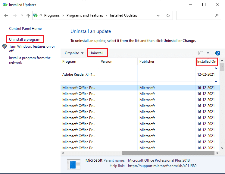 Maintenant, sélectionnez la mise à jour la plus récente et cliquez sur l'option Désinstaller.  Correction de l'erreur Windows 10 0xc004f075