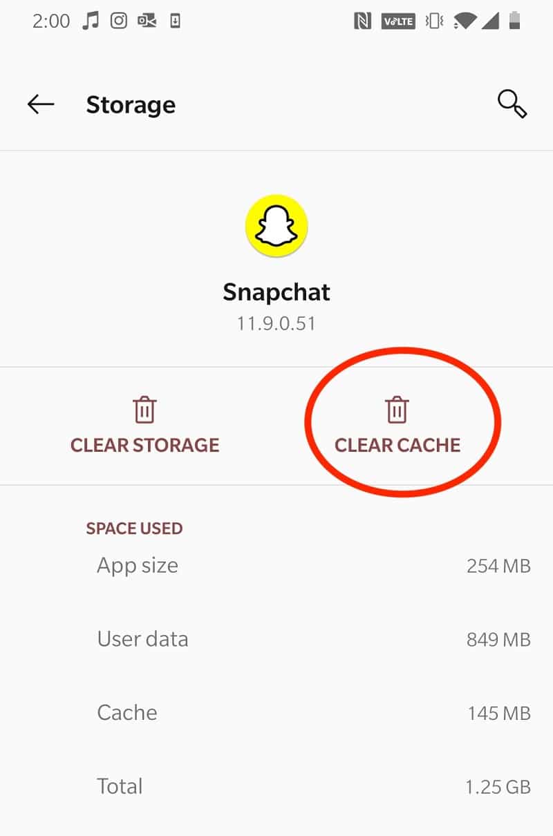 Tocca l'opzione Cancella cache |  Correggi Tocca per caricare Snapchat