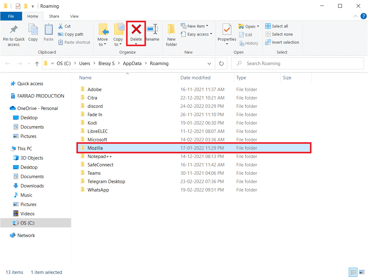 Faites défiler vers le bas et cliquez sur le dossier Mozilla.  Ensuite, cliquez sur l'option Supprimer.  Correction de l'absence de son dans Firefox sur Windows 10