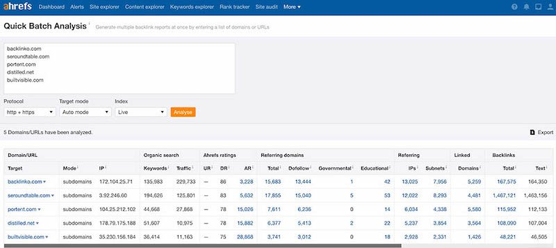 Outil d'analyse par lots Ahrefs