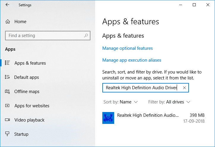 В поле поиска «Приложения и функции» введите Realtek High Definition Audio Driver.