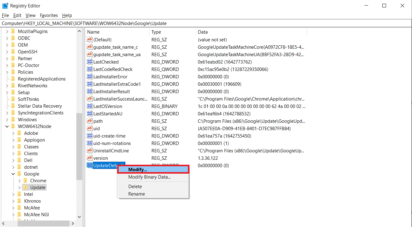 fare clic con il pulsante destro del mouse su UpdateDefault e selezionare Modifica.  Risolto il problema con Google Chrome che non si aggiorna