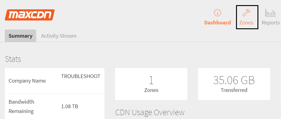 Una volta visualizzata la dashboard di MaxCDN, fai clic su Zone