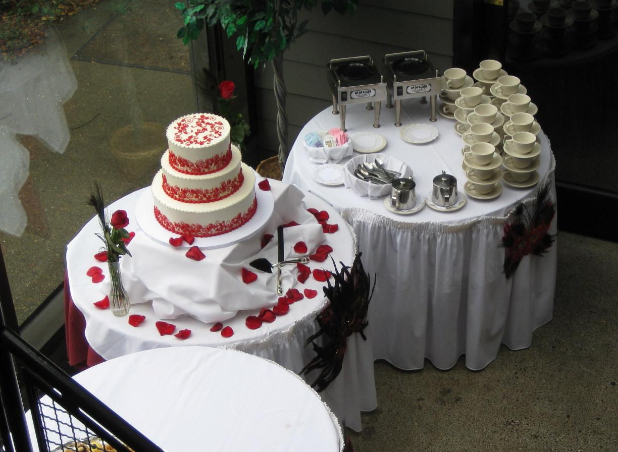 Overhead view of the coffee service and our wedding cake.