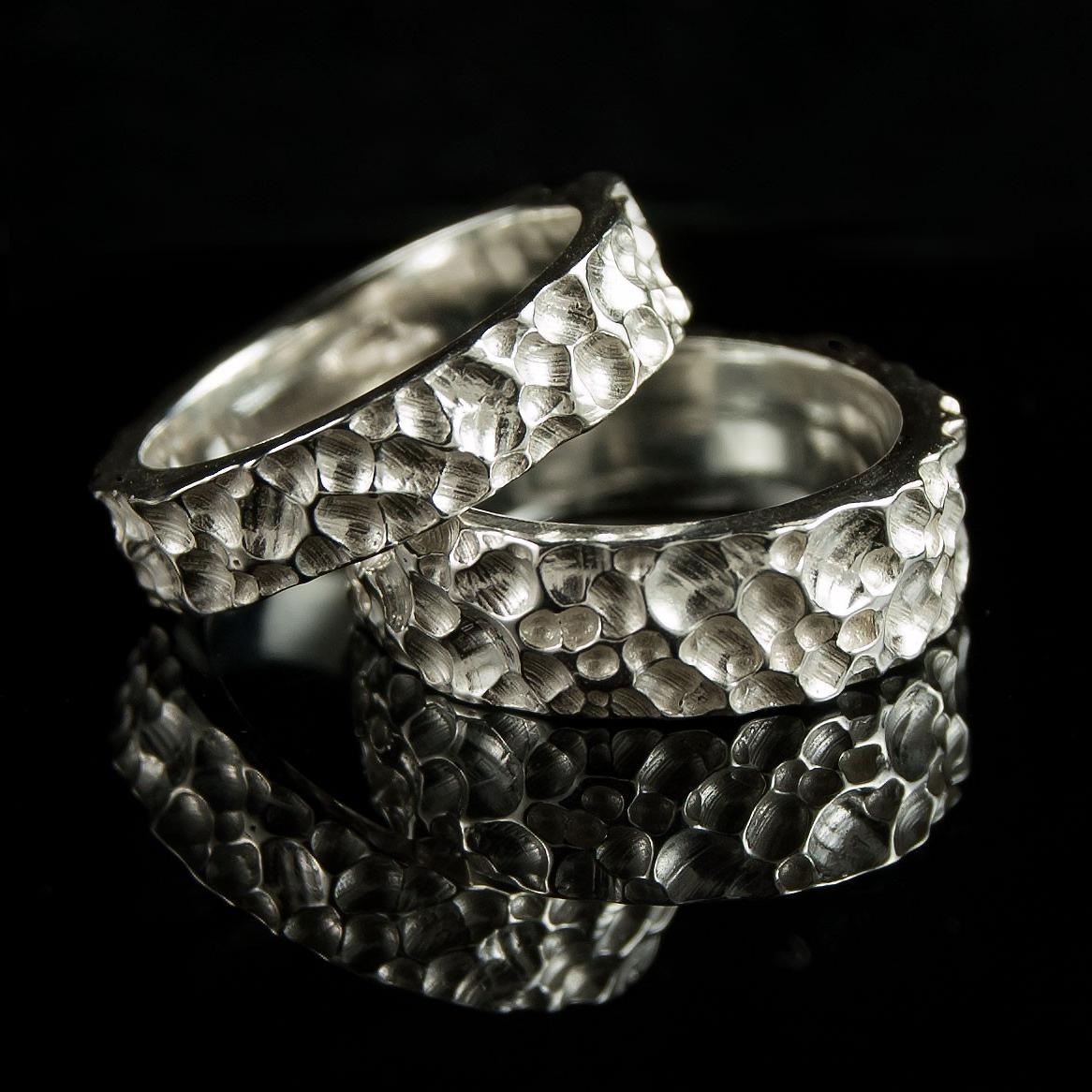 Crater Texture Wedding Rings in Silver, Set of 2 rings. From nodeform