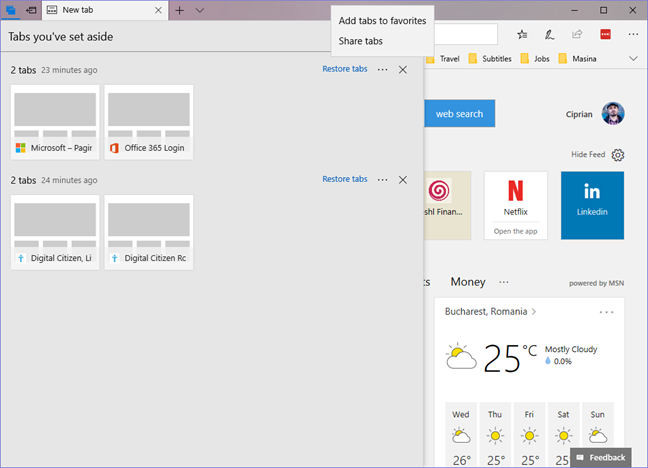 Windows 10, Microsoft Edge, metti da parte, schede