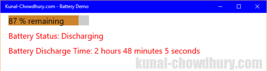 Universal Windows Platform - Battery API - Discharging (www.kunal-chowdhury.com)