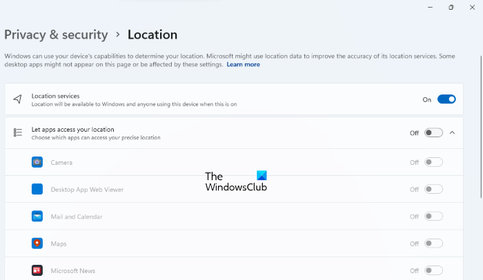 désactiver l'emplacement Windows 11