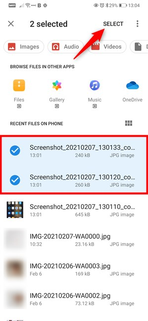 Seleccionar y cargar los archivos para cargar en Google Drive