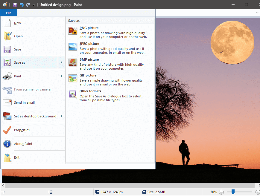 Щелкните меню «Файл» в верхнем левом углу и нажмите «Сохранить как», чтобы сохранить изображение.