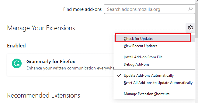 Controleer op Updates optie.  Fix Firefox SSL_ERROR_NO_CYPHER_OVERLAP in Windows 10