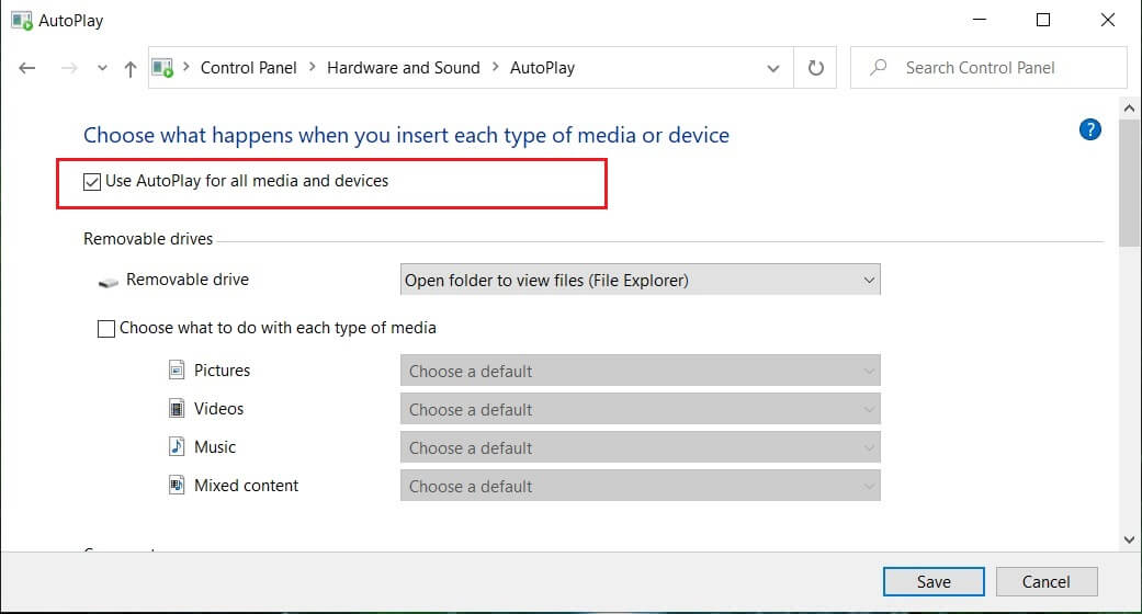 Habilite la reproducción automática y luego marque Usar reproducción automática para todos los medios y dispositivos |  Habilitar o deshabilitar la reproducción automática en Windows 10