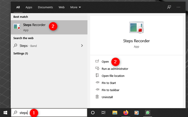 Open Steps Recorder in Windows 10 met behulp van zoeken