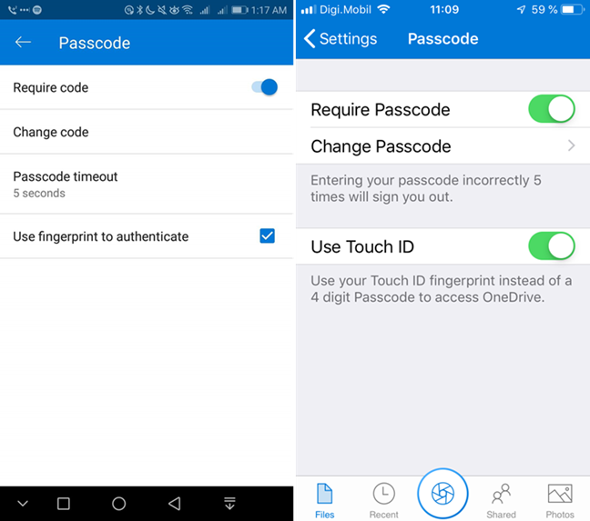 Impostazioni del passcode in OneDrive per Android e iOS