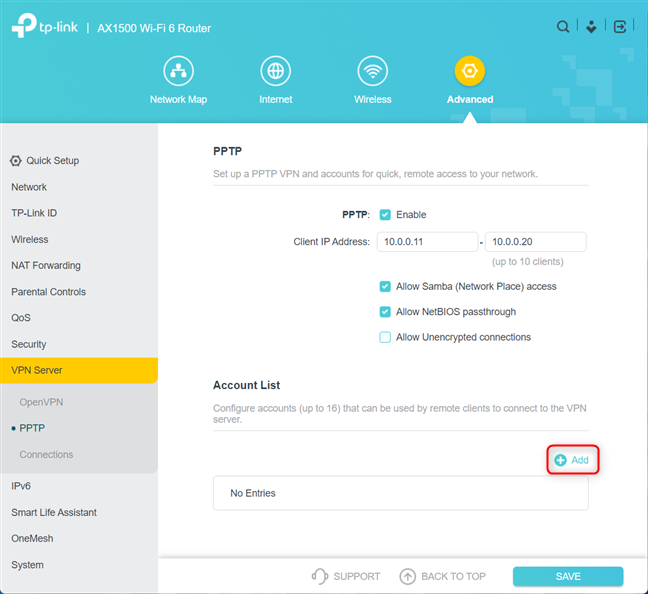 Cliquez ou appuyez sur Ajouter pour configurer le nom d'utilisateur et le mot de passe