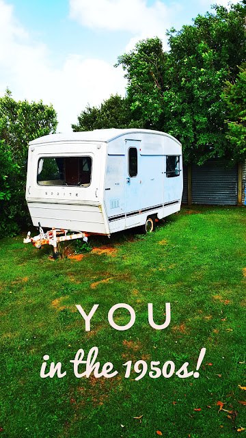 Photo of a caravan parked up in a garden edited to have a slight poster feel