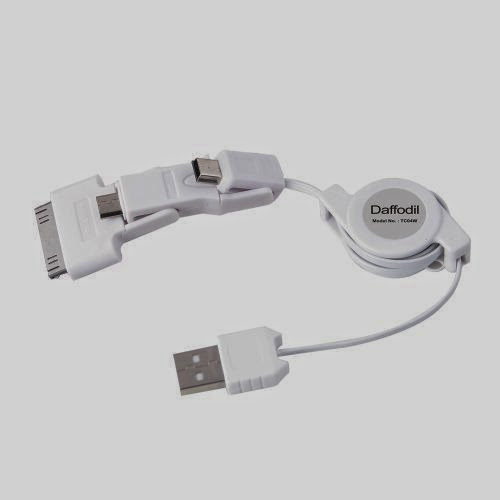  Daffodil TC04 - Universal Cell Phone Charger - Retractable USB Charging and Data Cable - Multicharger for: HTC / Samsung / iPhone / iPod / Nokia / ZTE / LG / Blackberry (White)