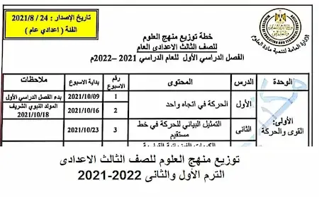 توزيع منهج العلوم للصف الثالث الاعدادى الترم الأول والثانى 2021-2022