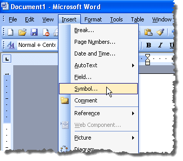 Выбор символа в меню «Вставка» в Word 2003