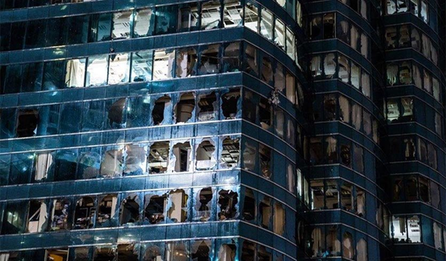 Windows of a commercial building damaged by Typhoon Mangkhut on 16 September 2018, in Hong Kong. City officials raised the storm alert to T10, its highest level, as Typhoon Mangkhut landed on Hong Kong. Photo: Lam Yik Fei / Getty Images