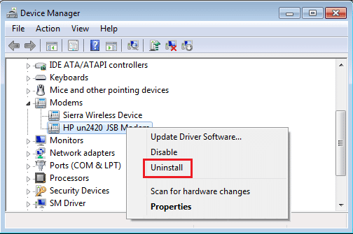Développez Options de téléphone ou de modem, puis cliquez avec le bouton droit sur votre modem et sélectionnez Désinstaller