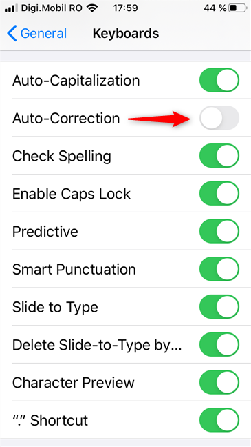 El interruptor de corrección automática en un iPhone