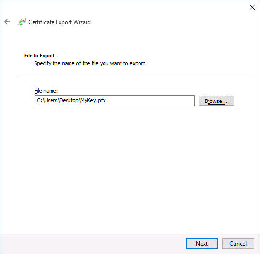 คลิกปุ่มเรียกดู จากนั้นไปที่ตำแหน่งที่คุณต้องการบันทึกข้อมูลสำรองของ EFS Certificate