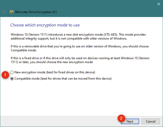 การเลือกระหว่างโหมดการเข้ารหัสใหม่ของ BitLocker และโหมดที่เข้ากันได้