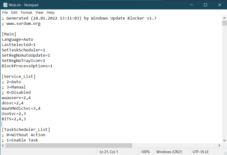 modificare il file del blocco note Wub.ini