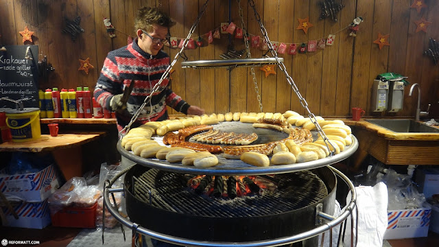 buns and sausages at the christmas market in Copenhagen, Denmark 