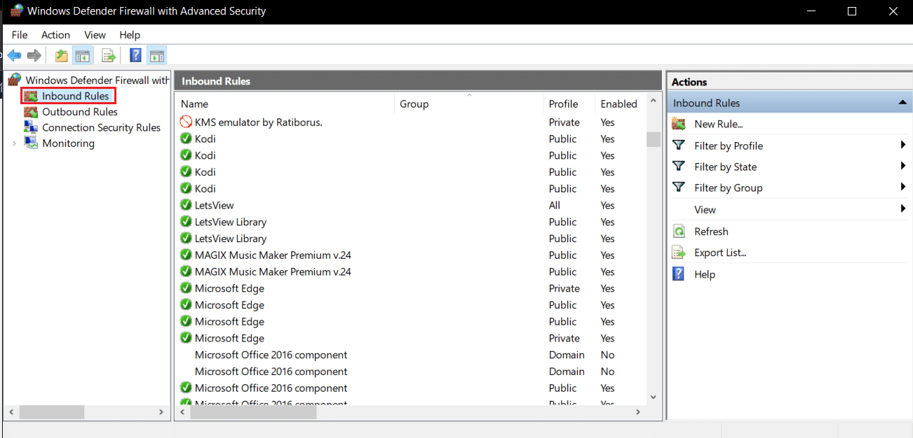 haga clic en reglas de entrada en Firewall de Windows Defender con configuración avanzada.  Arreglar Minecraft no pudo autenticar su conexión en Windows 10