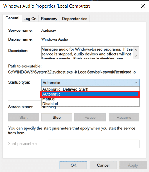 Klik op het tabblad Algemeen op de vervolgkeuzelijst Opstarttype en kies Automatisch.  Hoe te repareren De audioservice draait niet Windows 10