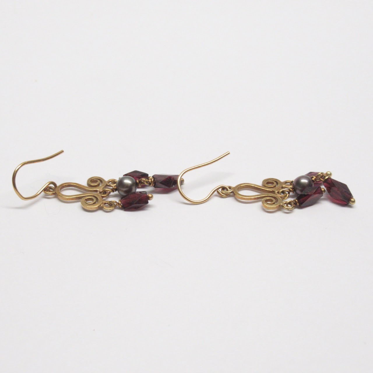 18K Gold & Pearl, Purple/Red Stone  Earrings