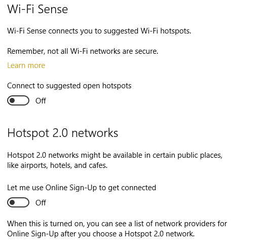 Deshabilite Wi-Fi Sense y, debajo, deshabilite las redes Hotspot 2.0 y los servicios de Wi-Fi de pago.