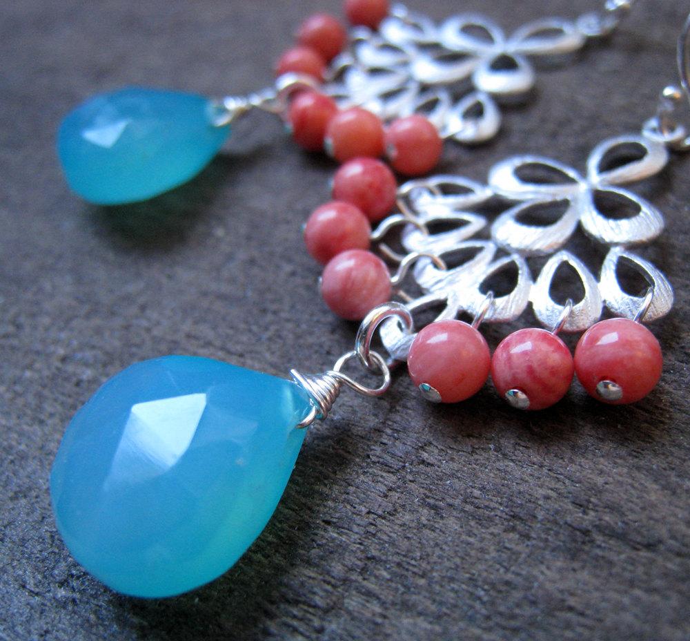 Coral and Aqua blue chalcedony silver Chandelier earrings, gold optional,