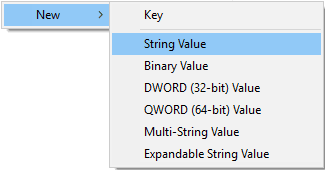 В правой части щелкните пустую область и выберите «Создать», затем «Строковое значение».