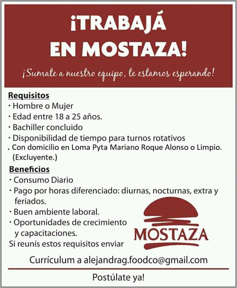 Lugar de nacimiento invadir hemisferio TRABAJA EN MOSTAZA | BOLSA DE TRABAJO PARAGUAY EMPLEOS