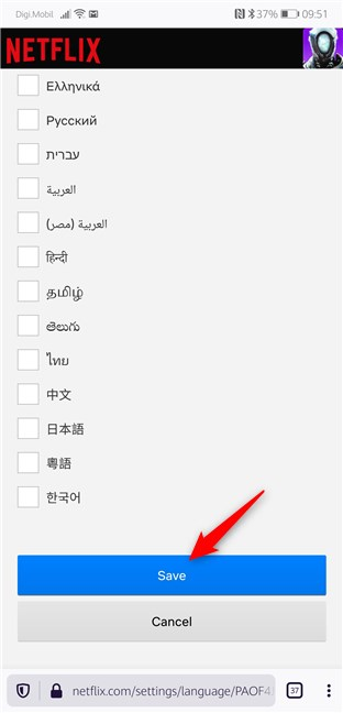 Salvataggio delle nuove preferenze della lingua in Netflix