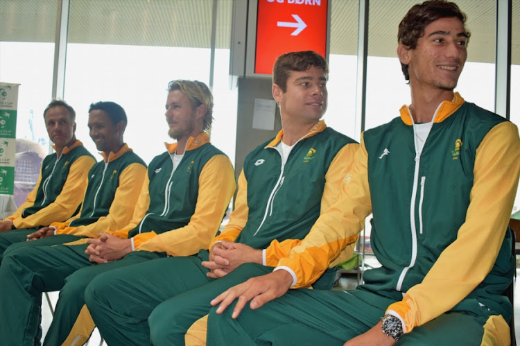 Marcos Ondruska (Captain), Raven Klaasen, Nik Scholtz, Ruan Roelofse and Lloyd Harris during the Davis Cup, Denmark v South Africa Match Draw at Dokk1 City Library on September 14, 2017 in Aarhus, Denmark. EDITOR'S NOTE: For free editorial use. Not available for sale. No commercial usage.