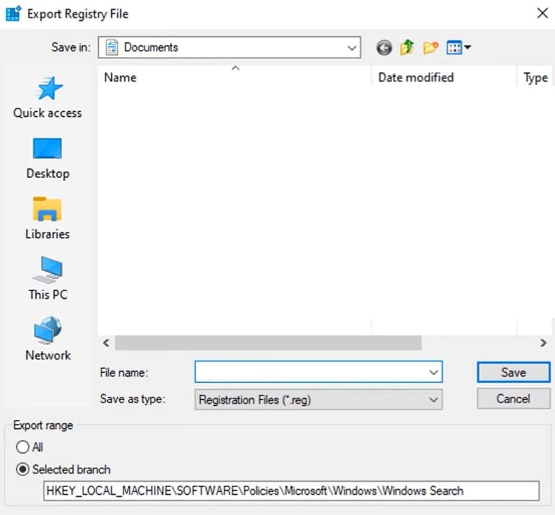 Finestra Esporta file di registro